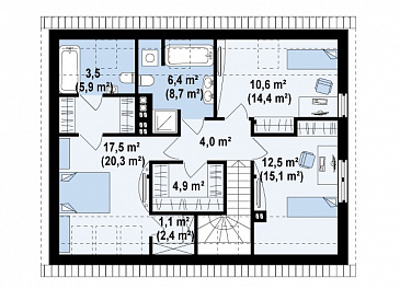 Проект одноэтажного мансардного дома из газобетона с частично крытой террасой и гаражом  / План мансардного этажа