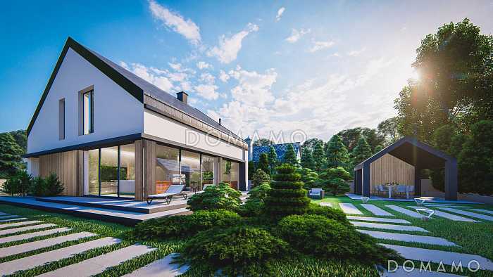 Проект загородного дома с панорамным остеклением гостиной, гаражом, кладовой и мастер-спальней на мансарде