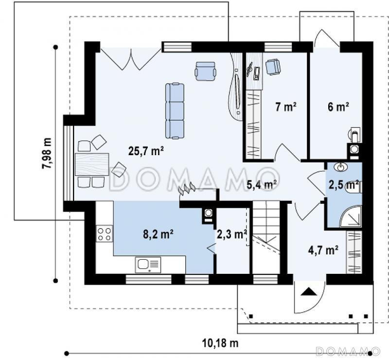 Проект небольшого одноэтажного мансардного дома из кирпича с кабинетом на первом этаже и эркером / План 1 этажа