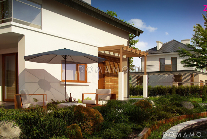 Проект одноэтажного дома с высоким мансардным этажом из кирпича с кабинетом и угловым балконом