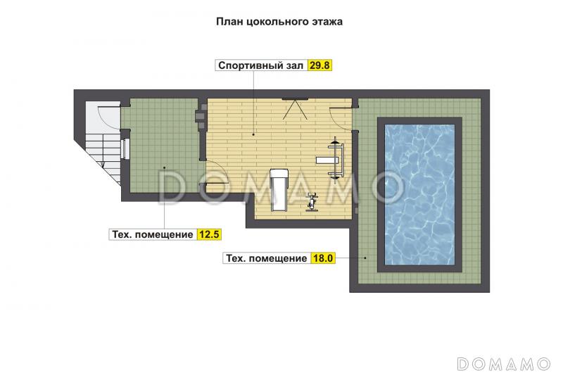 Проект бани со спортивным залом в цокольном этаже, бассейном, душевой, парной и комнатой отдыха / План цокольного этажа