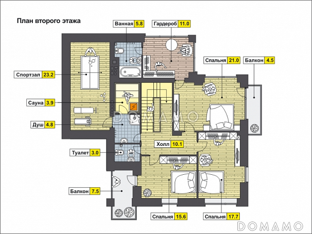 Проект дома с гаражом на одну машину, со спортзалом и душевой на втором этаже, большой мансардой / План 2 этажа