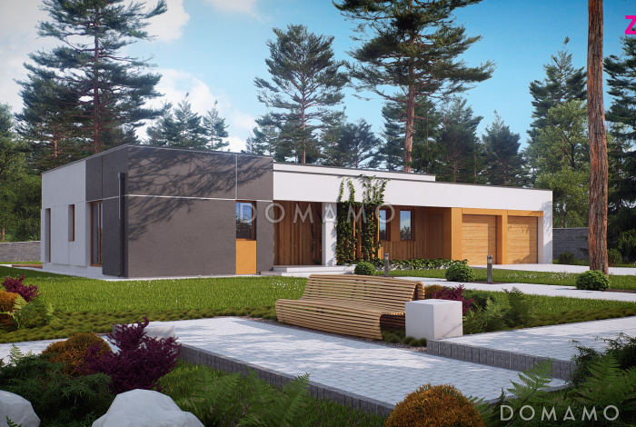 Проект просторного современного одноэтажного дома из кирпича с тремя спальнями и гаражом с двумя отдельными въездами