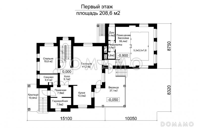 Проект загородного дома с подвалом и пристроенным бассейном / План 1 этажа