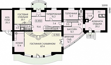 Проект двухэтажного дома с просторной гостиной, зимним садом, бассейном и кабинетом на втором этаже / План 1 этажа