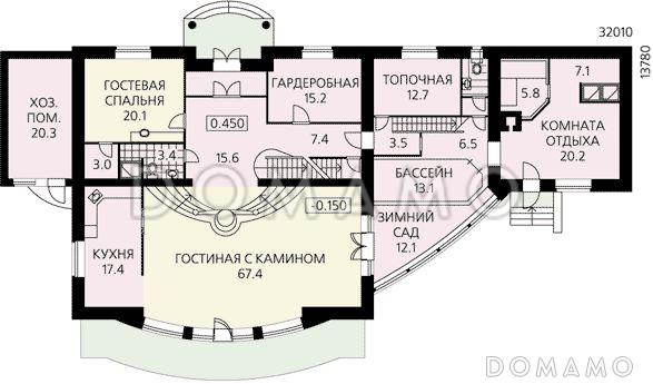 Проект двухэтажного дома с просторной гостиной, зимним садом, бассейном и кабинетом на втором этаже / План 1 этажа