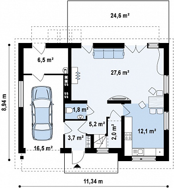 Проект одноэтажного мансардного дома из кирпича с частично крытой террасой и гаражом / План 1 этажа