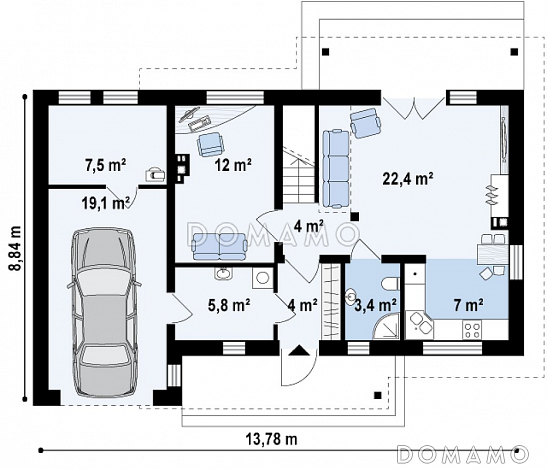 Проект компактного одноэтажного мансардного дома из кирпича с кабинетом, тремя спальнями и открытой террасой над гаражом / План 1 этажа