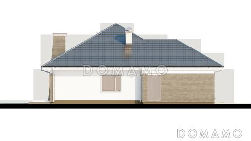 Проект одноэтажного дома из газобетона со стеклянным эркером в столовой зоне, четырьмя спальнями и гаражом / Фасад 4