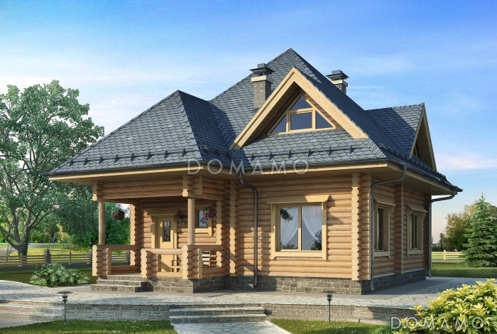 Проект одноэтажного дома из оцилиндрованного бревна с мансардой с просторной гостиной