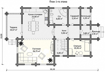 Проект дома с санузлом и просторным балконом на втором этаже / План 1 этажа