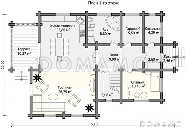 Проект дома с санузлом и просторным балконом на втором этаже / План 1 этажа