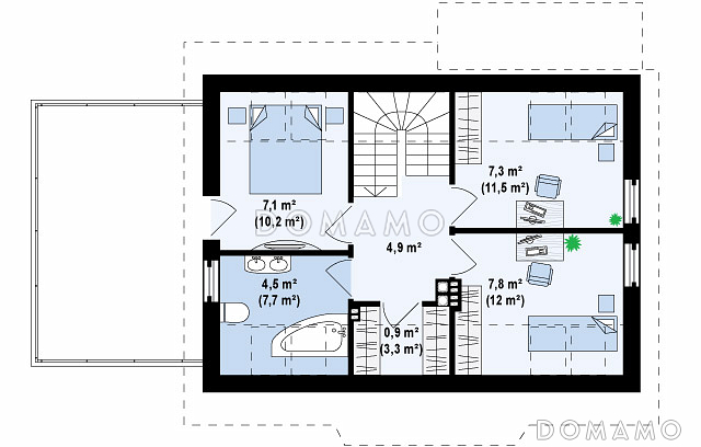 Проект одноэтажного мансардного дома из газобетона с открытой террасой над гаражом / План мансардного этажа