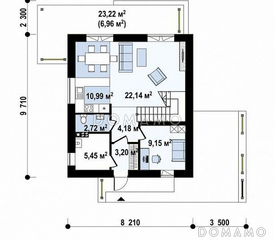 Проект двухэтажного дома с кабинетом, террасой, ванной с окном / План 1 этажа