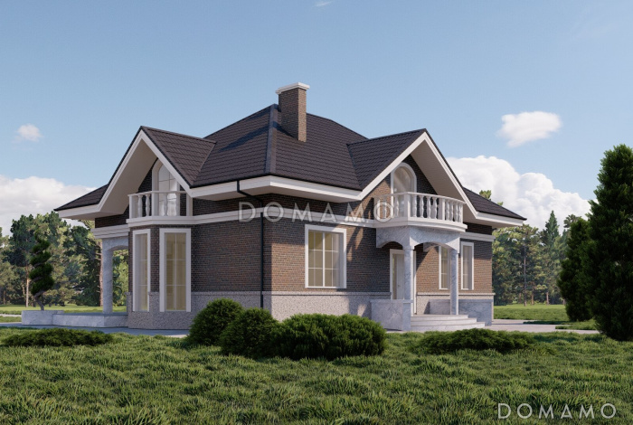 Проект двухэтажного кирпичного дома с тремя балконами, округлыми террасой и крыльцом