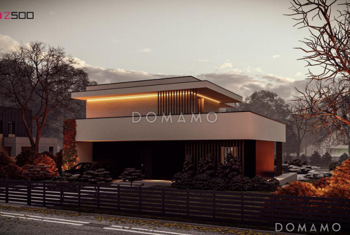 Проект современного дома с гаражом для автомобиля, кабинетом, террасой на втором этаже