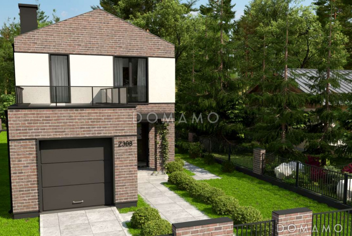 Проект двухэтажного дома из кирпича с фронтальным гаражом для узкого участка