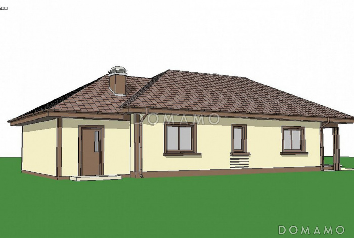 Проект компактного одноэтажного дома из кирпича с двумя спальнями и боковой террасой и пристроенным гаражом