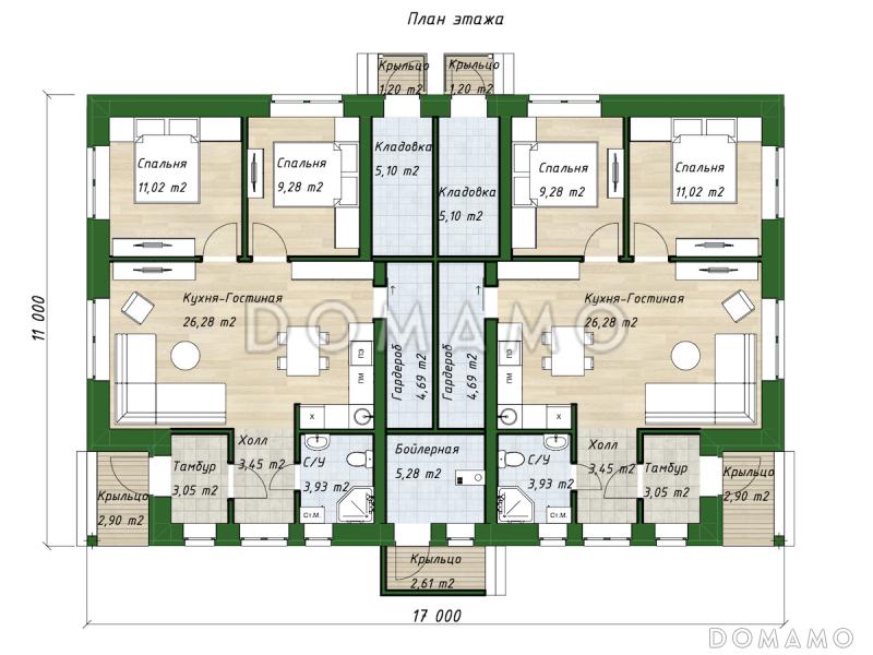 Проект одноэтажного дома из газобетона на две семьи / План 1 этажа