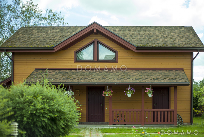 Проект бани из газобетонных блоков с угловой крытой террасой, сараем и мансардным этажом