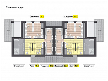 Проект загородного дома с изолированной кухней, крытой террасой, лоджиями, вторым светом / План мансардного этажа