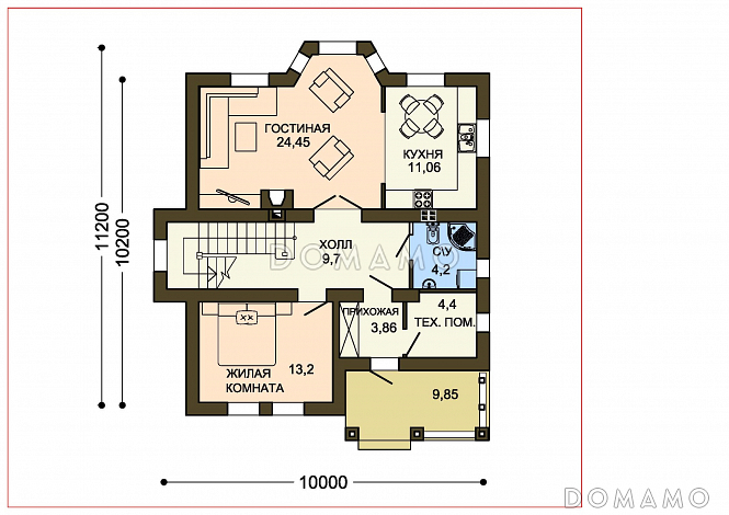 Проект коттеджа из белого клинкера с эркером и деревянными вставками / План 1 этажа