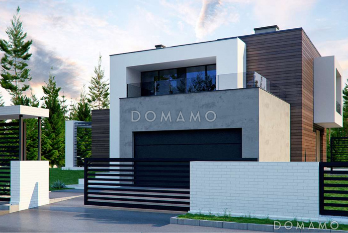 Проект большого современного двухэтажного дома из газобетона с четырьмя спальнями, кабинетом и гаражом для участка с рельефом