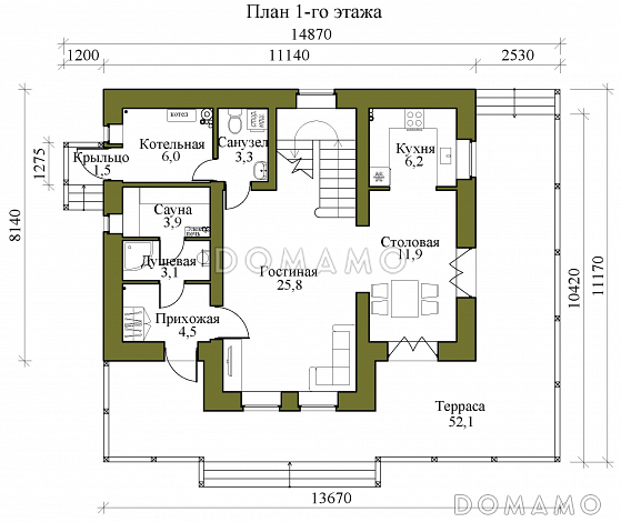 Проект двухэтажного кирпичного дома со вторым светом, просторной крытой террасой и сауной / План 1 этажа