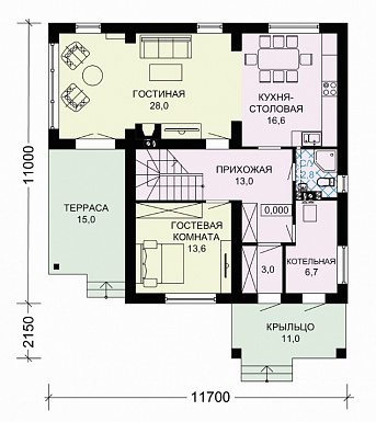 Проект загородного дома с панорамным окном в гостиной / План 1 этажа