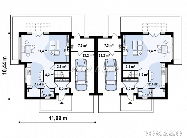 Проект современных мансардных домов-близнецов из газобетона с гаражом, тремя спальнями и балконом / План 1 этажа
