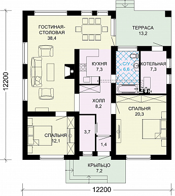 Проект одноэтажного дома в современном стиле из СИП панелей с двумя спальнями / План 1 этажа
