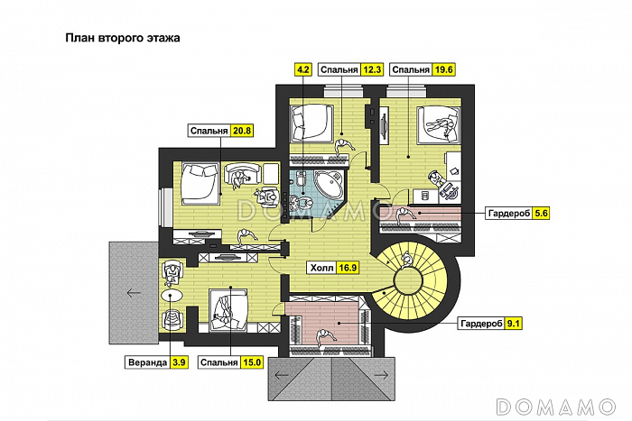 Проект дома с застекленным холлом, полукруглым крыльцом, сауной и четырьмя спальнями на мансарде / План мансардного этажа