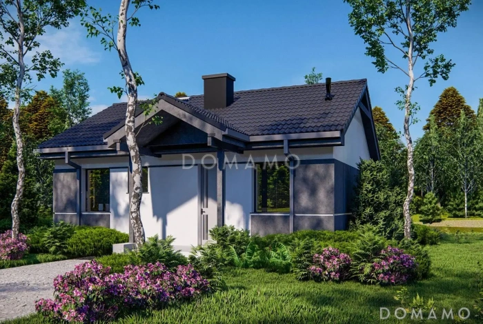 Проект компактного одноэтажного дома из газобетона с большой открытой террасой