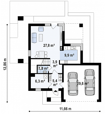 Проект компактного двухэтажного дома из газобетона с гаражом на два автомобиля  / План 1 этажа