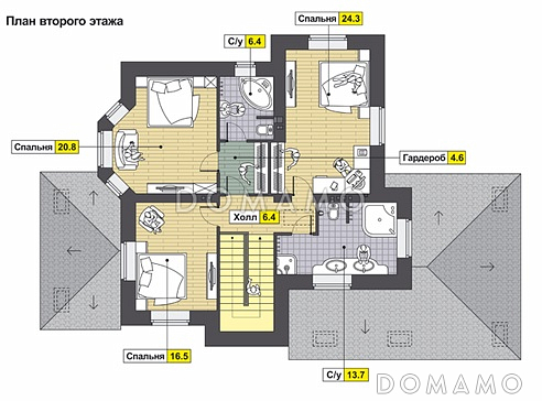Проект коттеджа из кирпича с двуцветной облицовкой и хозяйским санузлом / План 2 этажа