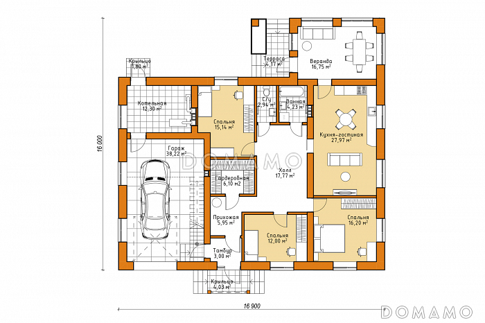 Проект одноэтажного дома из газобетона с 3 спальнями, верандой и гаражом / План 1 этажа
