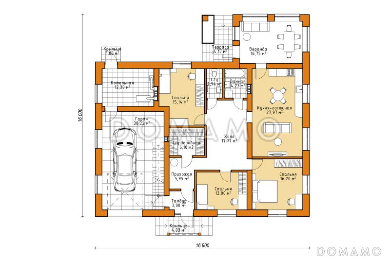 Проект одноэтажного дома из газобетона с 3 спальнями, верандой и гаражом / План 1 этажа