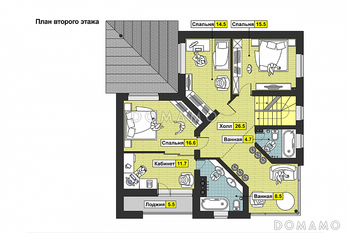 Проект квадратного загородного дома с большой гостиной, кухней-столовой, двумя террасам, комнатой с видовым окном / План 2 этажа