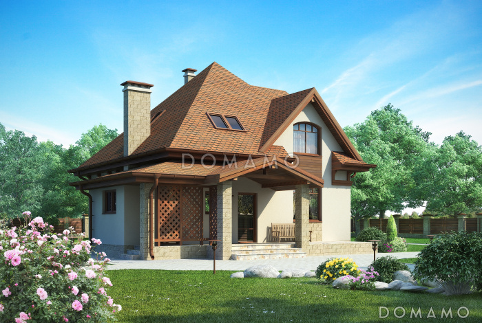 Элегантный дом с мансардным этажом, эркером, красивым крыльцом-террасой из SIP панелей