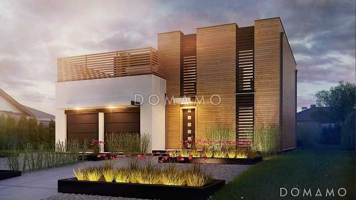 Проект стильного загородного дома с плоской крышей, гаражом, террасами