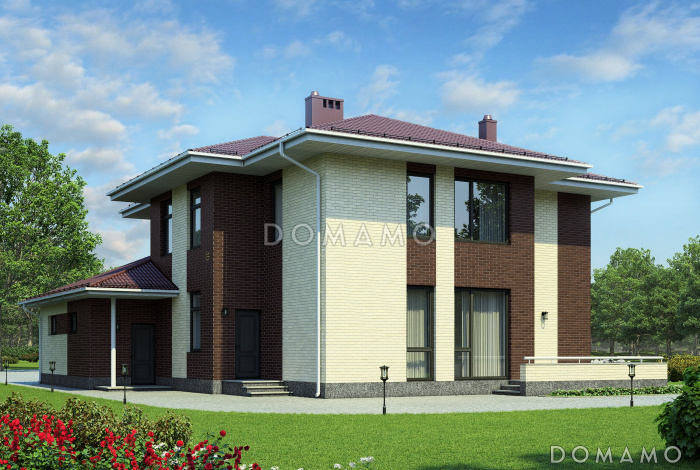 Проект двухэтажного дома из газобетона с окнами в пол в гостиной