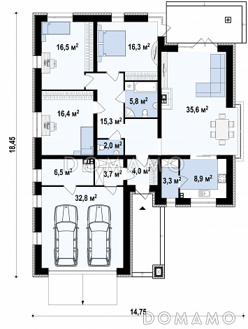 Проект одноэтажного дома из газобетона со стеклянным эркером в просторной гостиной и гаражом на два автомобиля с кирпичной облицовкой / План 1 этажа