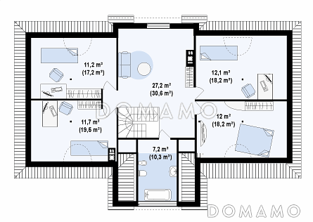 Проект просторного одноэтажного мансардного дома из газобетона с барбекю на крытой угловой террасе / План мансардного этажа