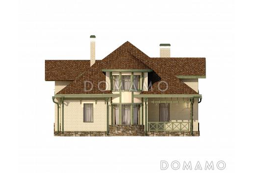 Проект дома с полукруглым эркером, двумя спальнями на первом этаже, вторым светом, ванной с окном, библиотекой / Фасад 3