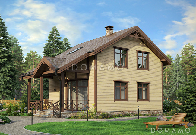 Проект дома с гостевой на первом этаже, гостиной с кухней-столовой, крытой террасой, кладовой в эркере мансардного этажа