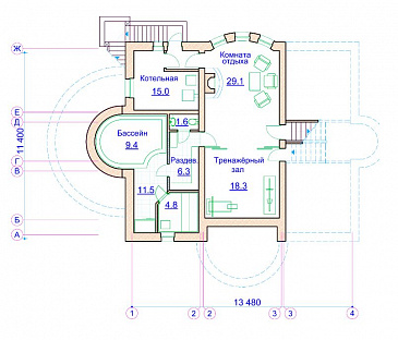 Проект коттеджа с двусветной гостиной, сауной и балконом / План цокольного этажа