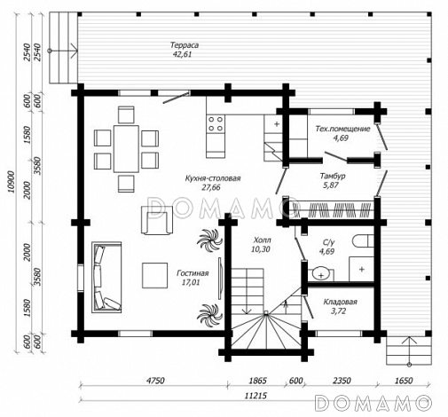 Проект современного дома из клееного бруса / План 1 этажа