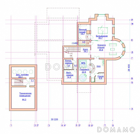 Проект просторного коттеджа с гаражом и хоз блоком / План цокольного этажа
