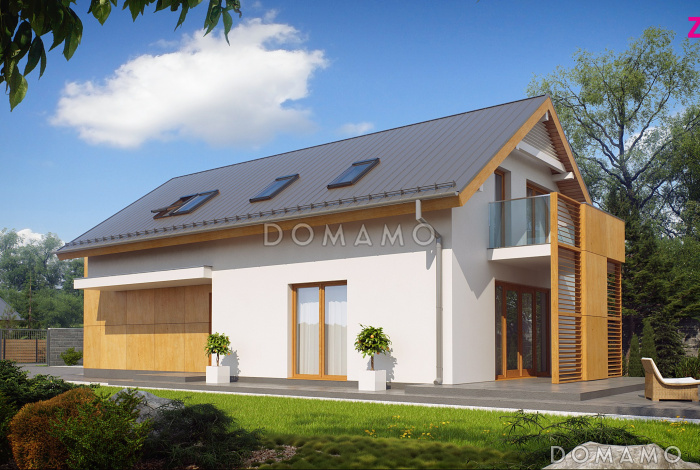 Проект одноэтажного мансардного дома из газобетона с гаражом на два автомобиля для вытянутого участка