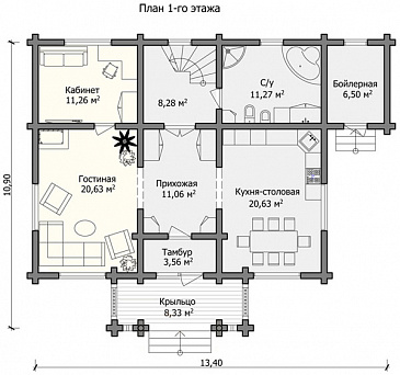 Проект дома с уютной гостиной, просторной кухней – столовой, большой прихожей, санузлом, бойлерной и кабинетом / План 1 этажа